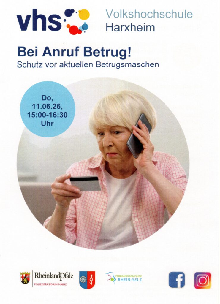 Vortrag "Bei Anruf Betrug!" der Volkshochschule. Donnerstag 11.06.2026, 15 Uhr bis 16:30