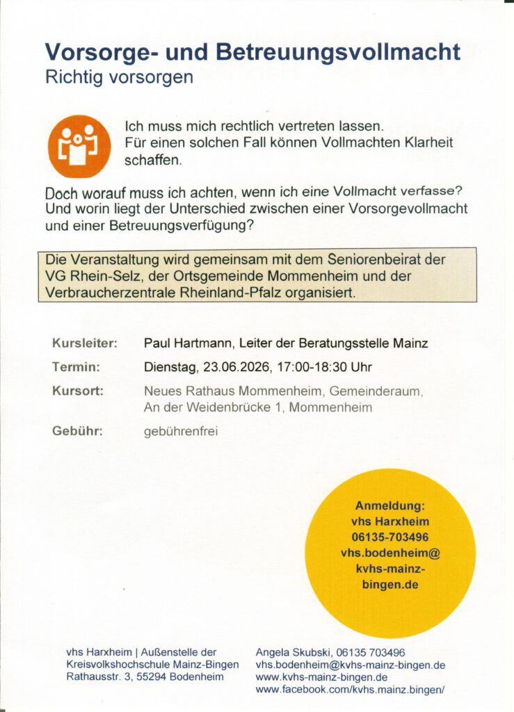 Inhalt des Vortrages von Herrn Paul Hartmann, Leiter der Beratungsstelle Mainz, sind u.a. Vorsorgevollmachten, Betreuungsverfügungen und deren Unterschiede.